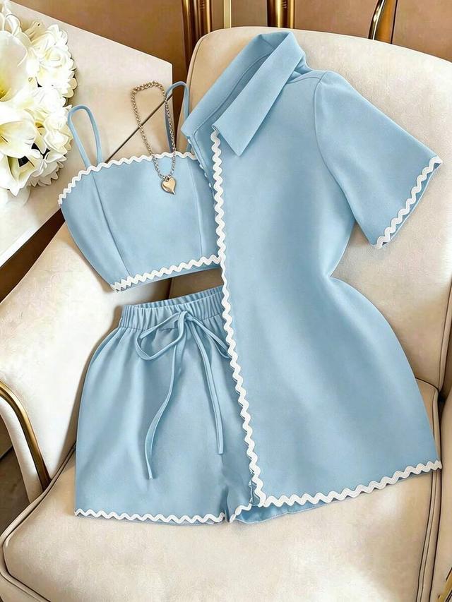 light blue contrast trim camisole shorts and jacket set