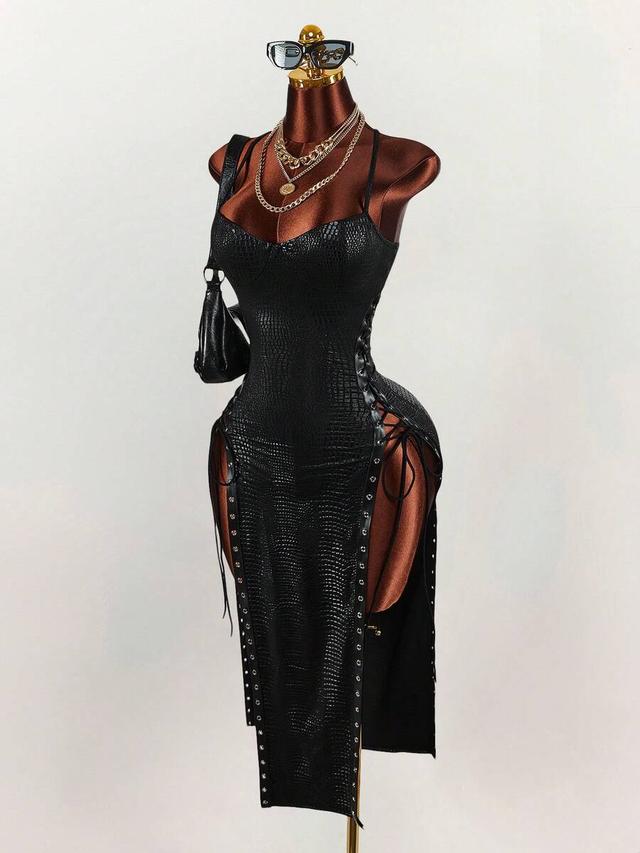black faux leather crocodile embossed lace-up midi dress