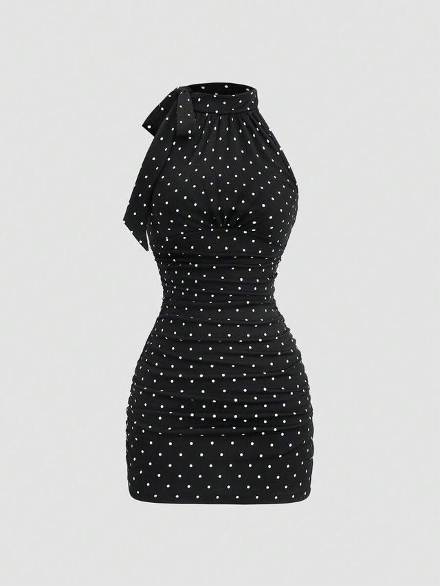 polka dot bow tie ruched slimming mini dress