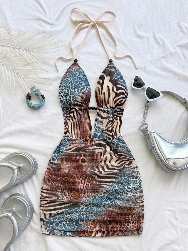 animal print ruched halter mini dress