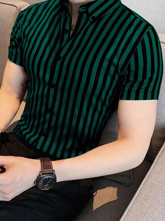 green and black striped short sleeve button shirt