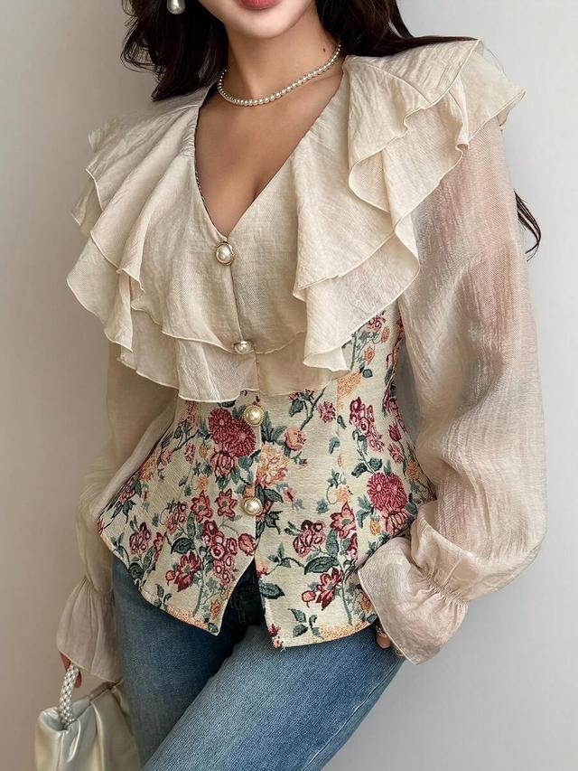 cream floral elegant beige floral corset blouse with ruffle details