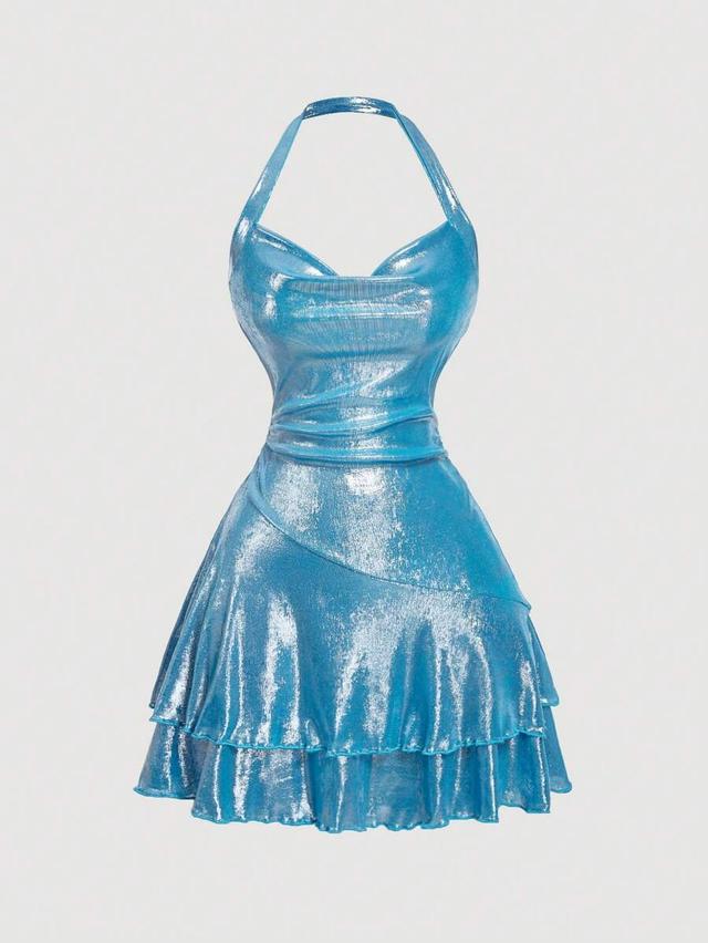 blue metallic draped neck tiered mini dress