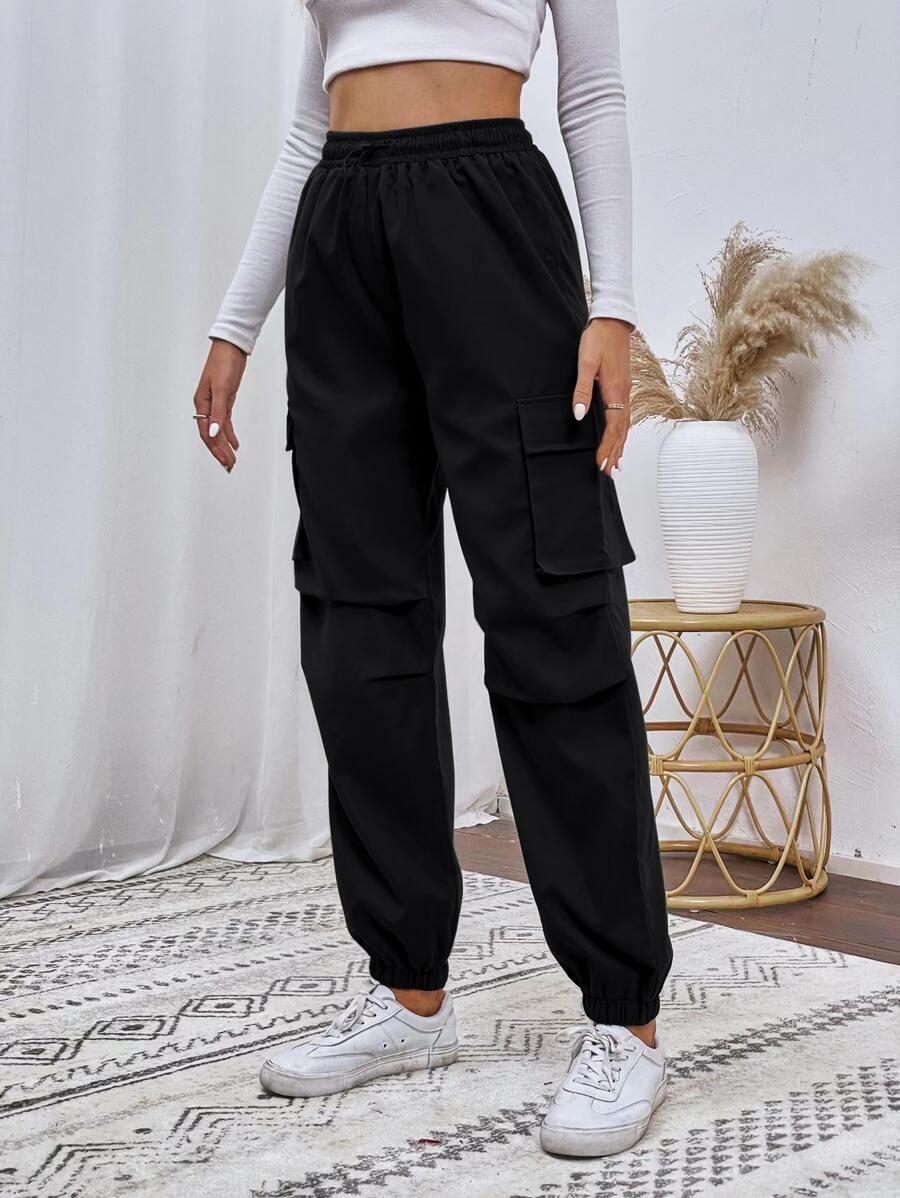 black drawstring waist flap pocket cargo pants