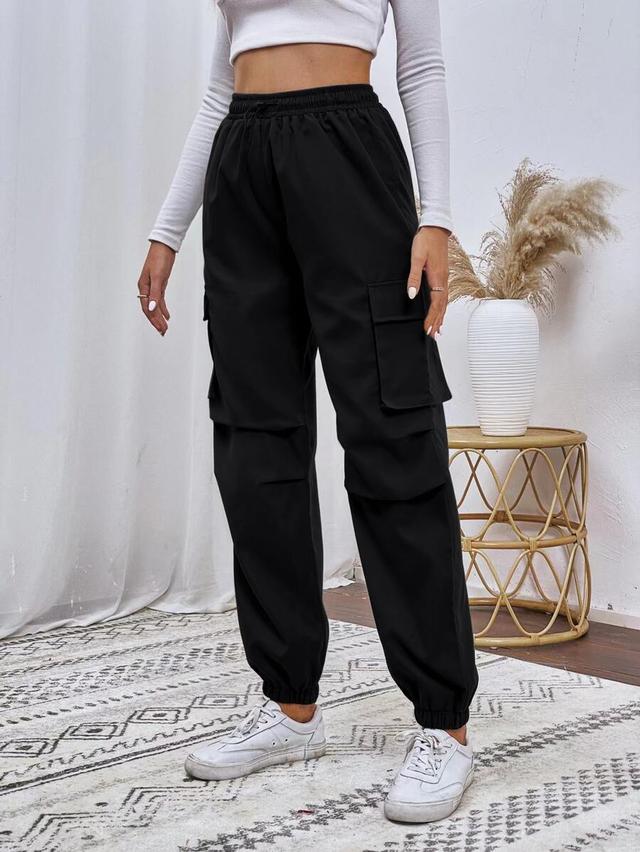 black drawstring waist flap pocket cargo pants