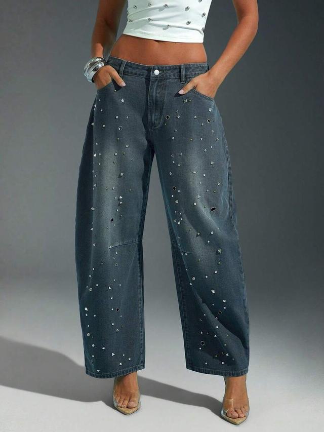 dark wash studded barrel leg denim jeans