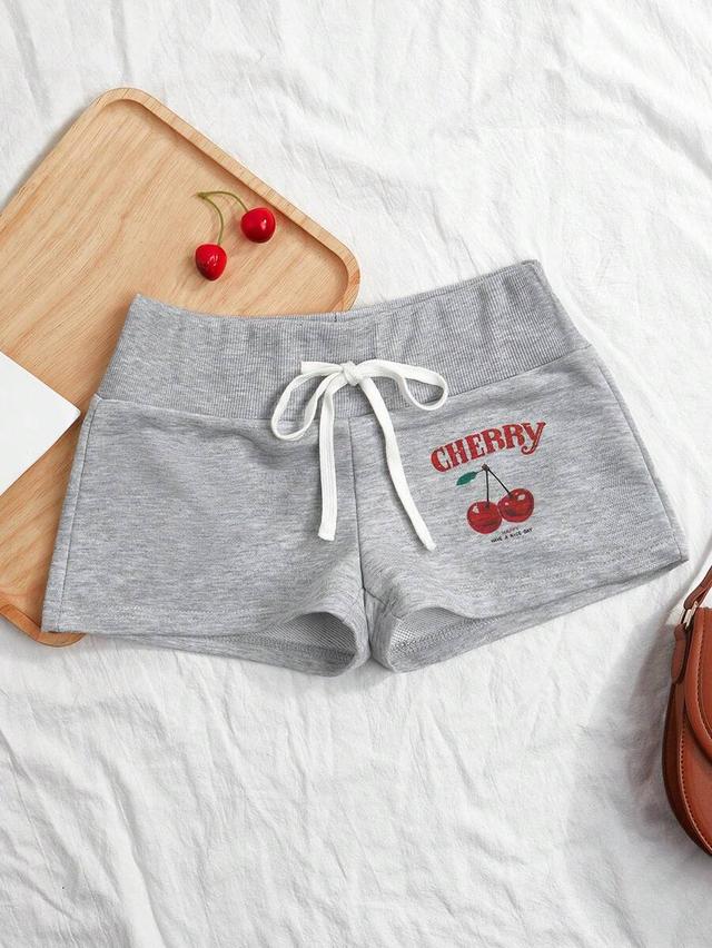 grey cherry pattern drawstring waist slim shorts