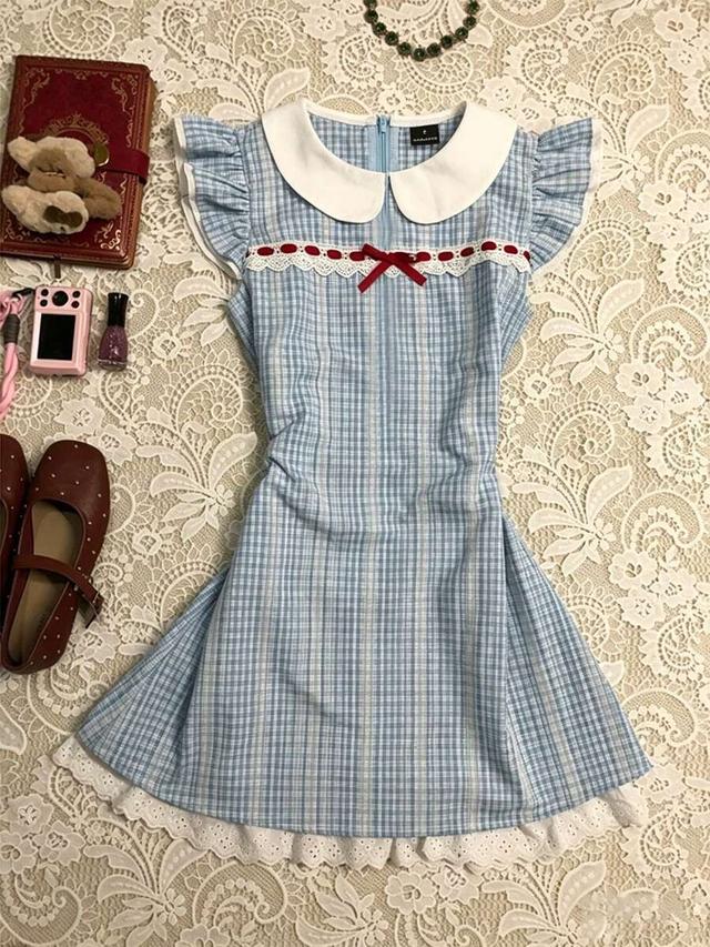 gloweve retro sweet plaid cap sleeve lace trim dress