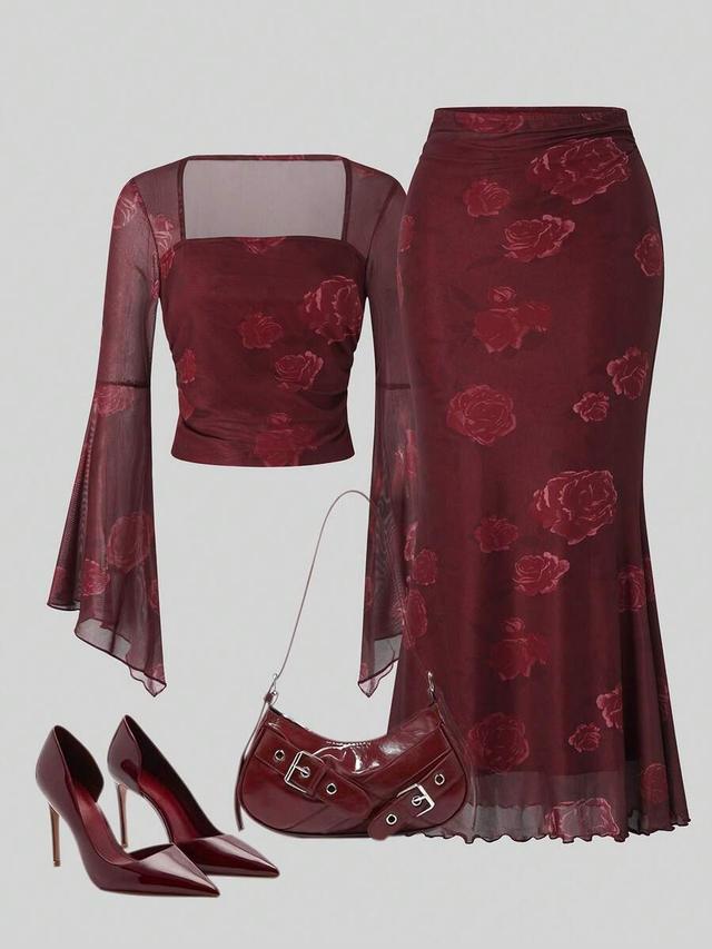 burgundy rose print mesh mermaid skirt
