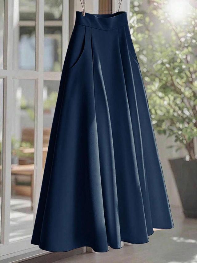 high waist solid navy blue pleated midi skirt