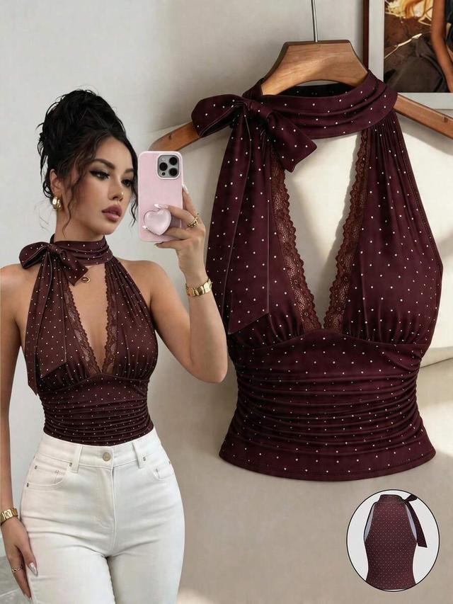 brown polka dot halter top with lace trim