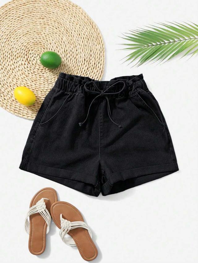 black denim elastic waist shorts with drawstring