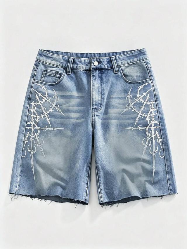 goth printed frayed hem washed denim shorts