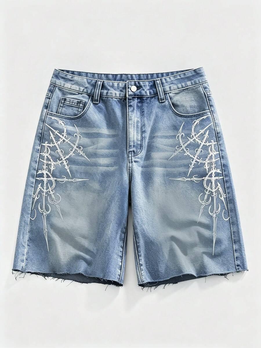 goth printed frayed hem washed denim shorts