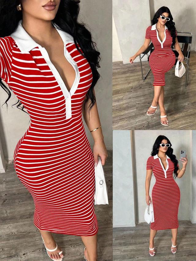 red and white striped knit polo midi dress