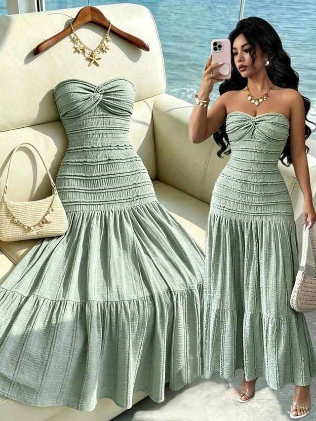 sage green strapless smocked midi dress