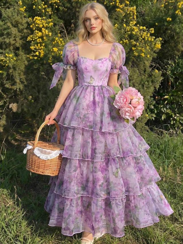 floral print purple mesh tiered midi dress