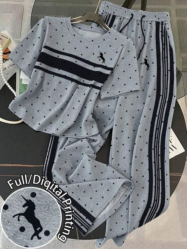 grey polka dot butterfly print casual sports set