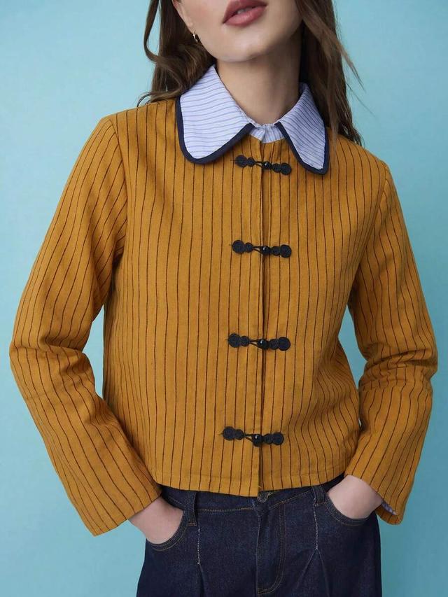 mustard striped cotton jacket with frog closures