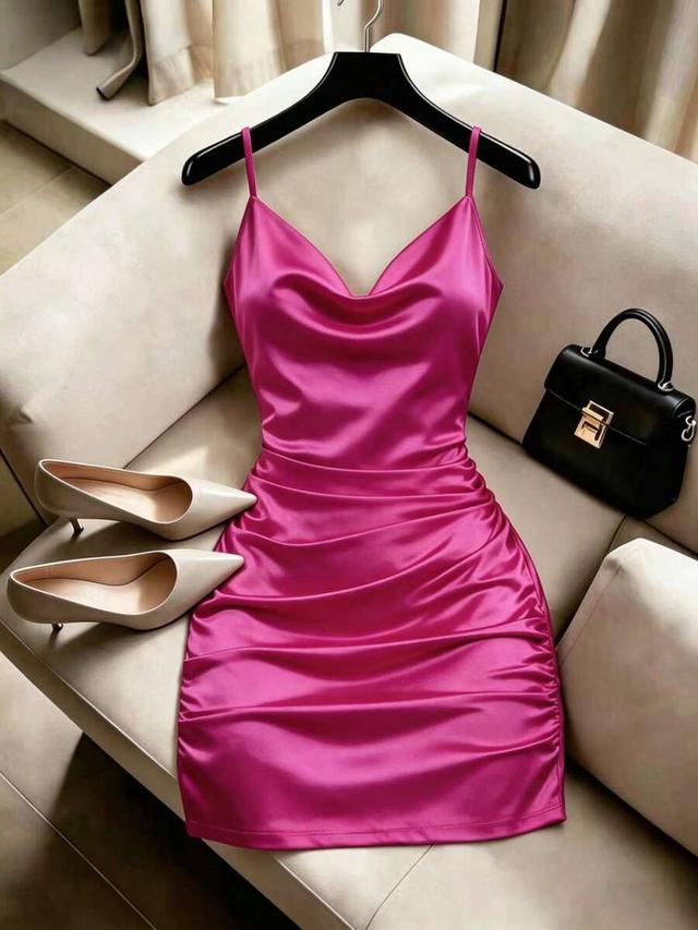 fuchsia satin draped neck sleeveless mini dress
