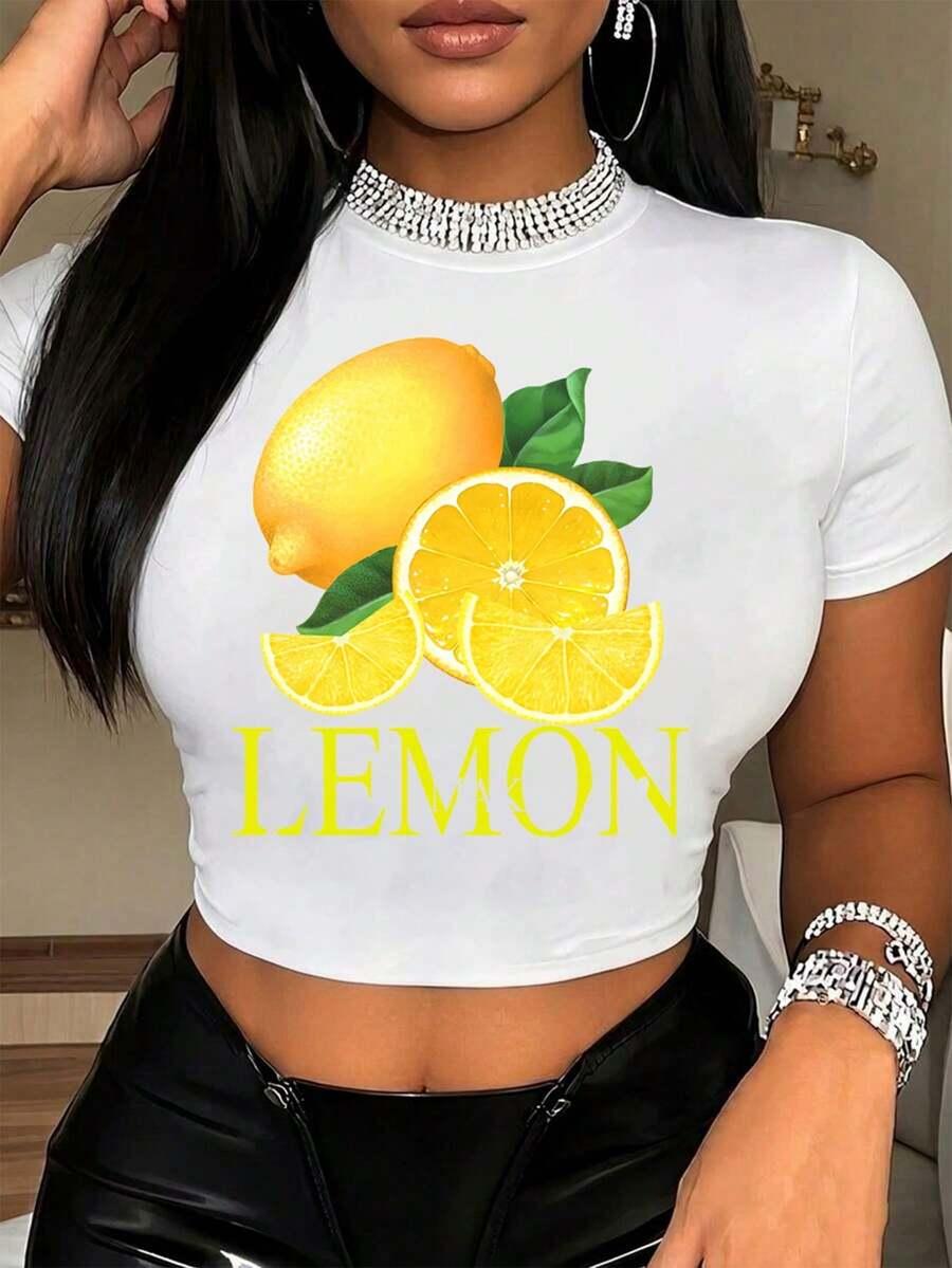 slim fit cropped lemon print t-shirt