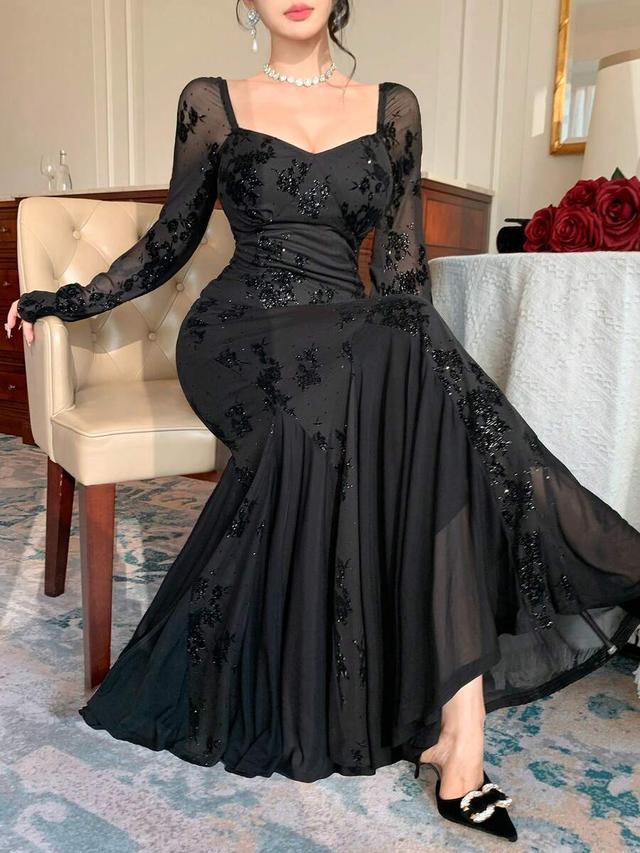 black square neck flocked floral mermaid evening dress