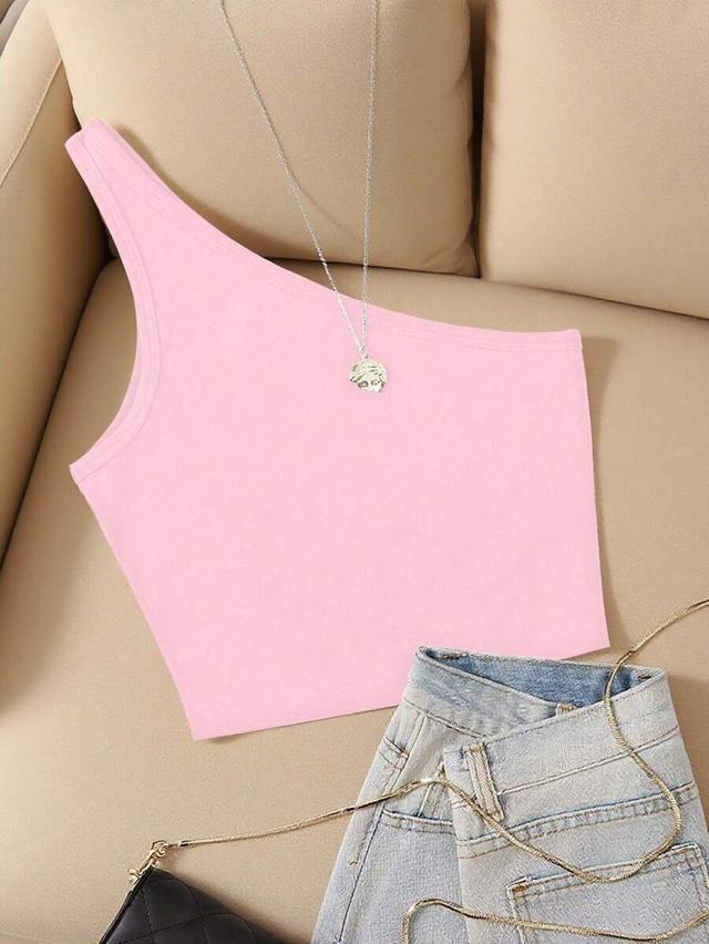 pink asymmetrical neck sleeveless casual crop top