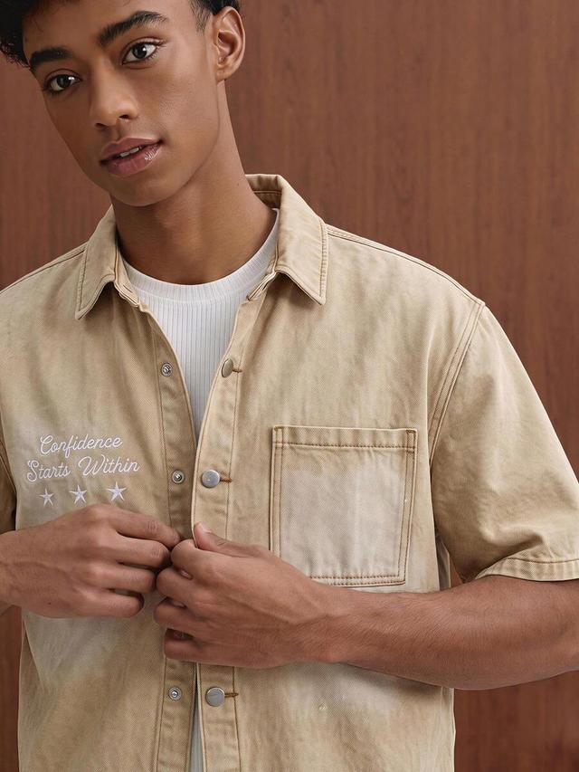 khaki denim short sleeve star pattern casual shirt