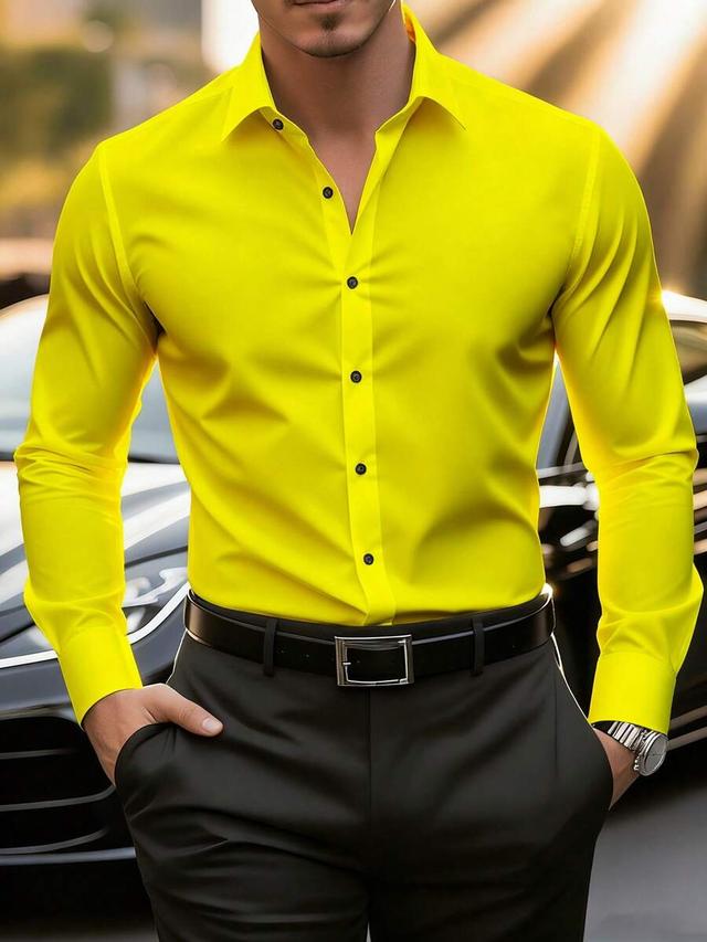 men's yellow slim fit long sleeve button shirt