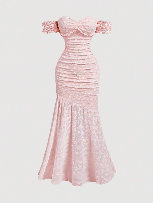 pink textured off-shoulder fishtail evening dress