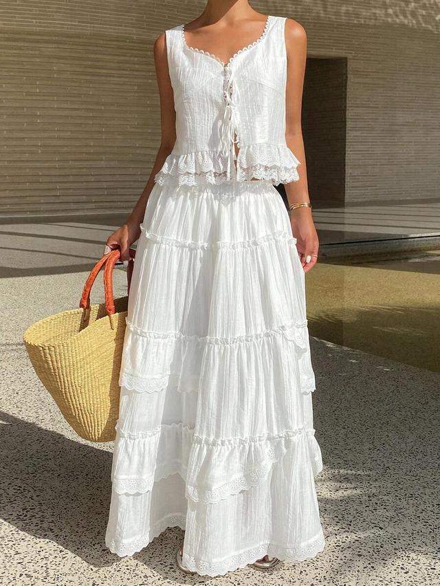 white cotton tiered maxi skirt with lace trim