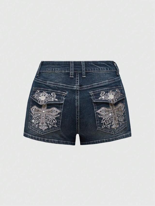 dark wash denim shorts with ornate silver embroidery