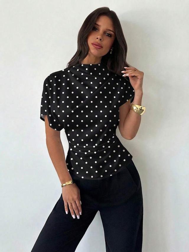 black and white polka dot ruched waist blouse