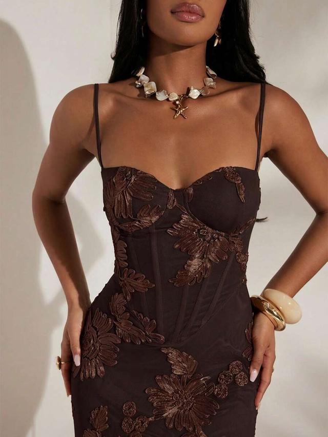 brown floral embroidered spaghetti strap corset midi dress