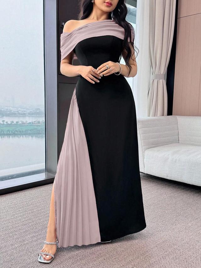 feyla contrast color oblique shoulder cinched waist dress