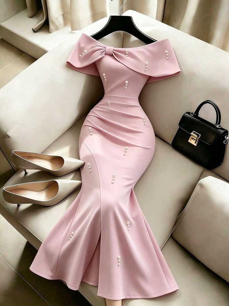 soft pink off-shoulder mermaid evening gown with pearls