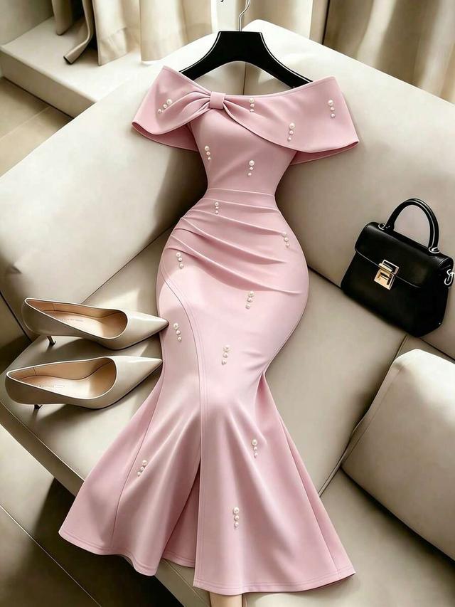 soft pink off-shoulder mermaid evening gown with pearls