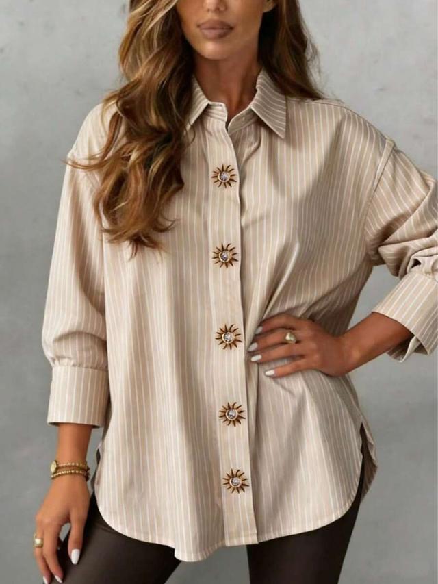 brown pinstripe shirt with sunflower metal buttons