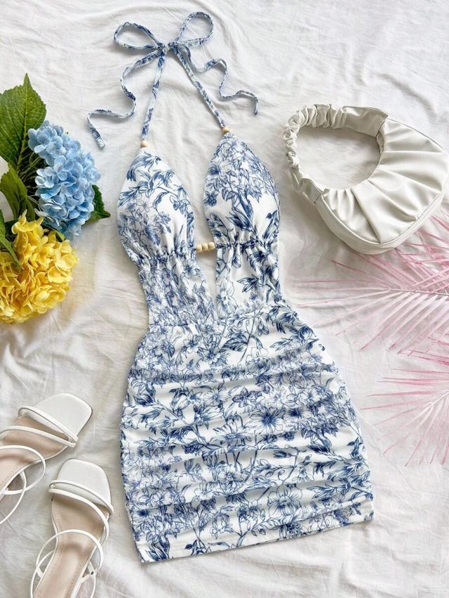 soleia floral print ruched backless mini dress