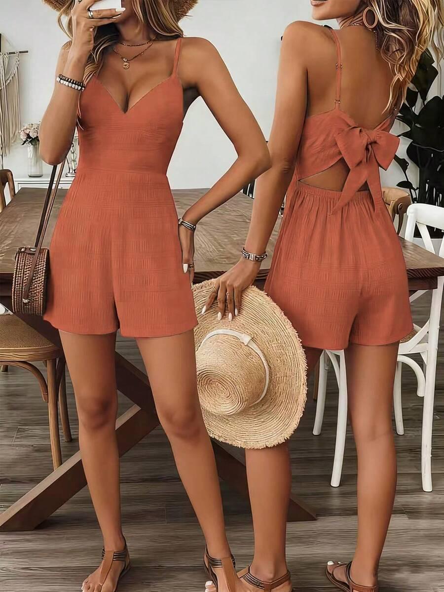 rust sleeveless cinched waist bow back jumpsuit