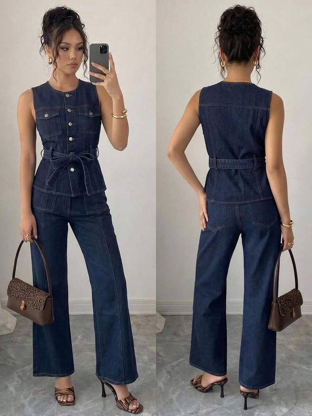 dark wash denim sleeveless belted vest and matching trousers