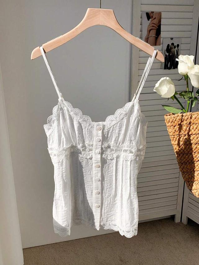 white cotton lace splicing button camisole top