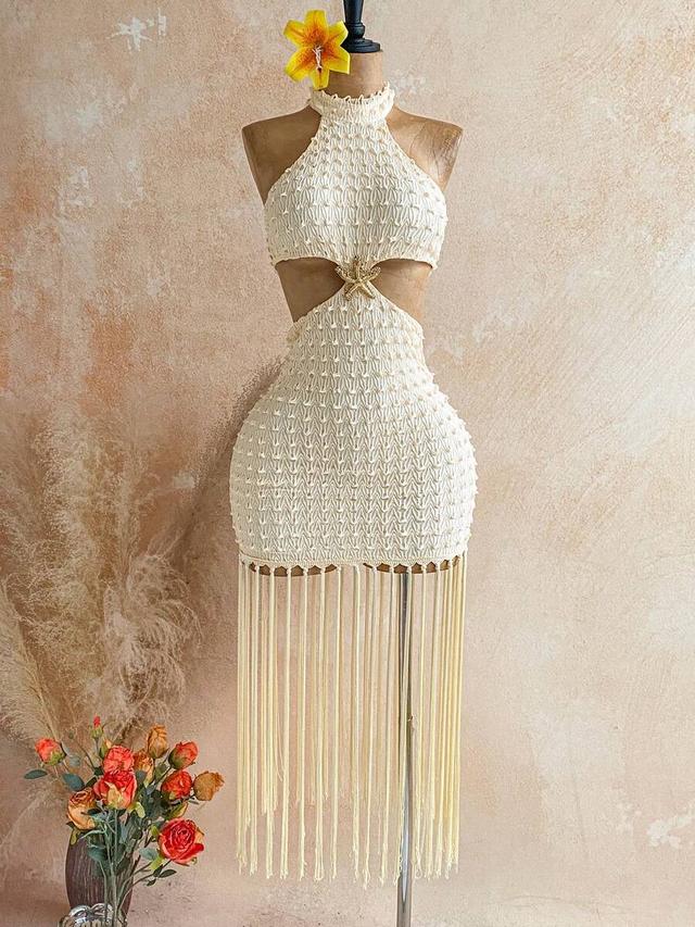 white crochet starfish decor tasseled mini dress