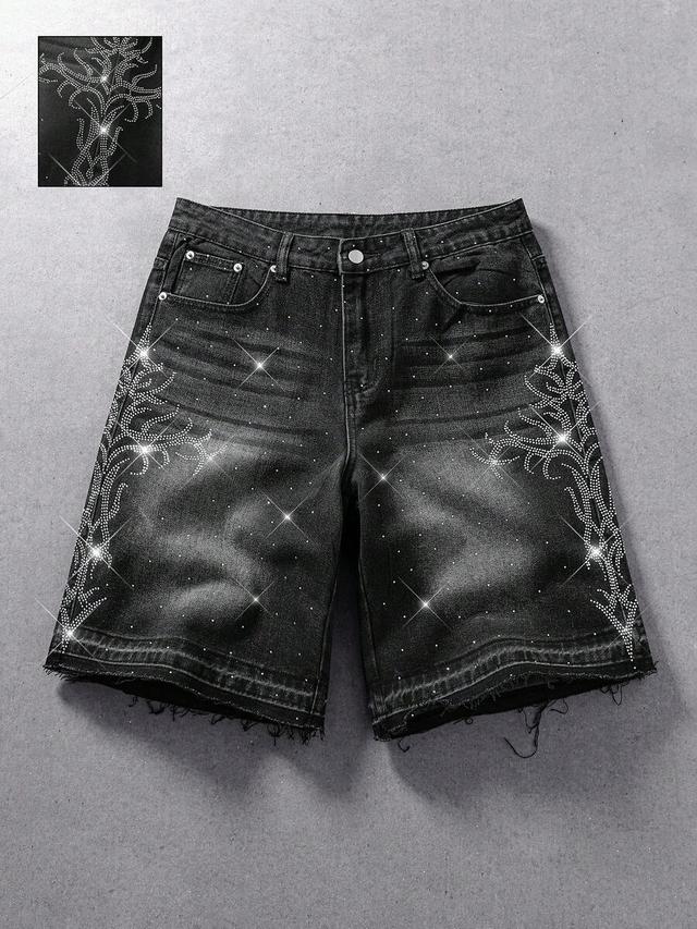 black vintage washed frayed rhinestone denim shorts