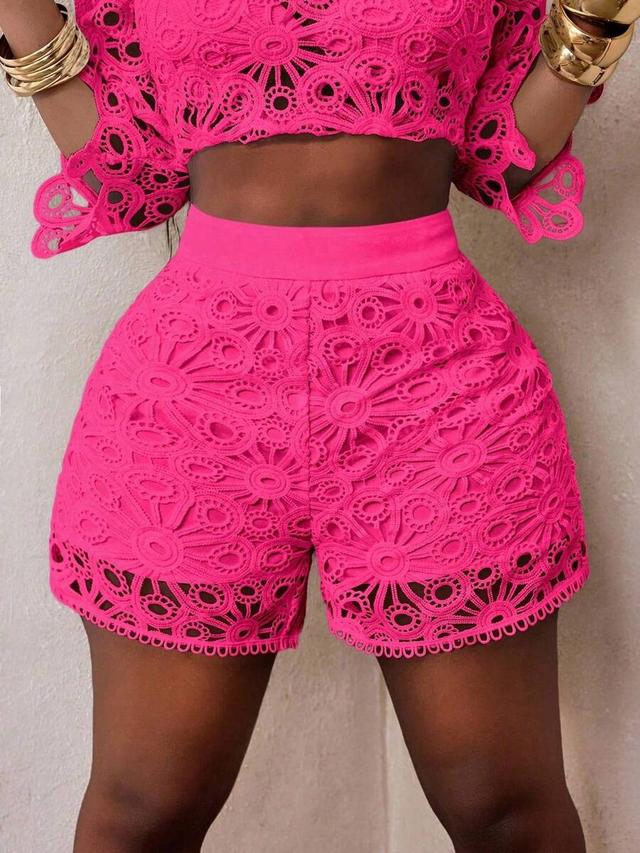 hot pink floral hollow lace casual shorts