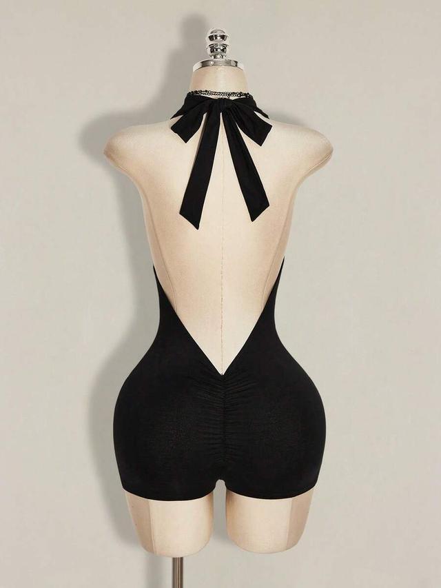 black backless halter romper unitard