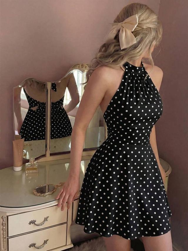 polka dot backless halter mini dress