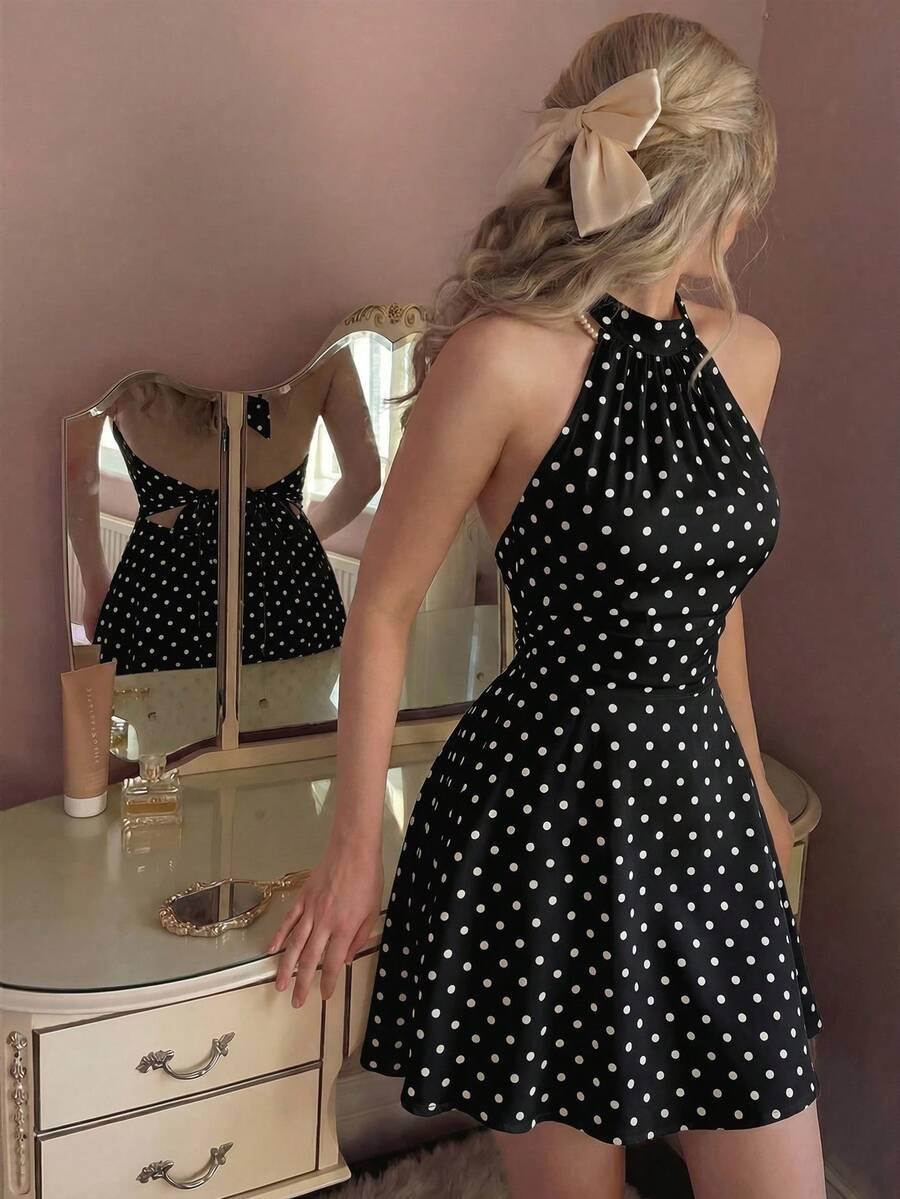 polka dot backless halter mini dress