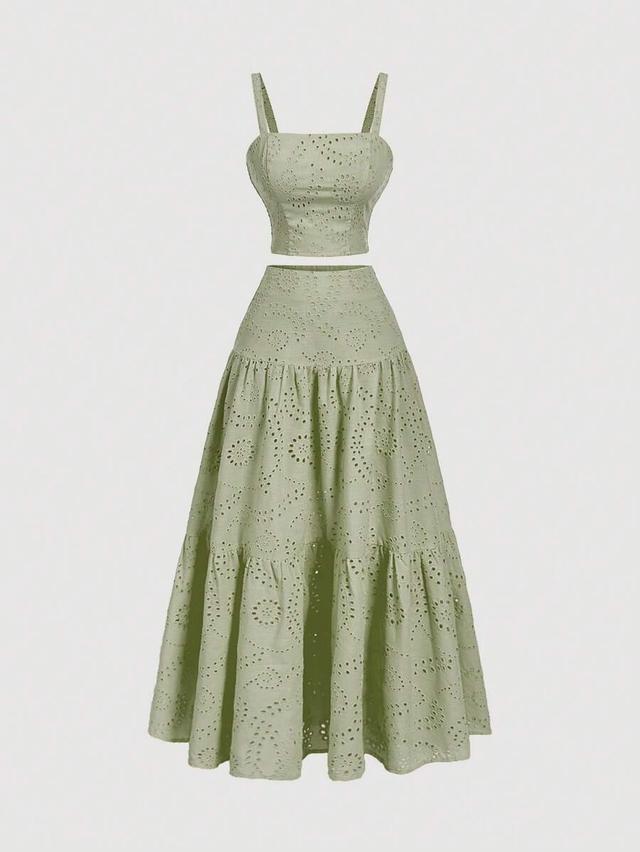 sage green embroidered eyelet maxi skirt set