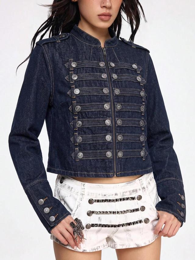 washed denim military style jacket with metal buttons